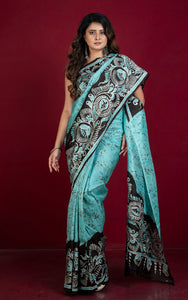 Hand Batik Soft Bishnupuri Pure Silk Saree in Light Turquoise, Off White and Black