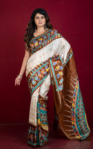 Hand Batik Soft Bishnupuri Pure Silk Saree in Off White, Brown and Multicolored