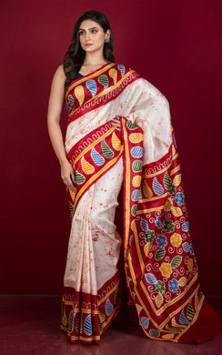 Hand Batik Soft Bishnupuri Pure Silk Saree in Off White, Red and Multicolored