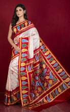 Hand Batik Soft Bishnupuri Pure Silk Saree in Off White, Red and Multicolored