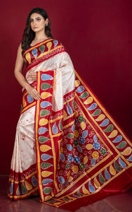 Hand Batik Soft Bishnupuri Pure Silk Saree in Off White, Red and Multicolored