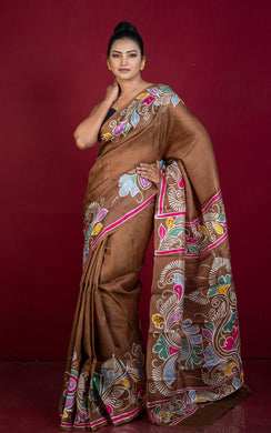 Hand Batik Soft Bishnupuri Pure Silk Saree in Chocolate Brown, Off White and Multicolored