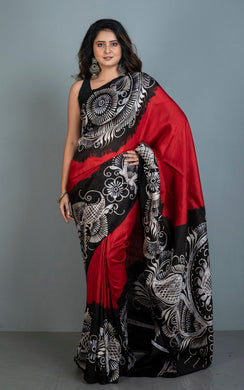 Hand Batik Soft Bishnupuri Pure Silk Saree in Red, Black, Off-white and Grey