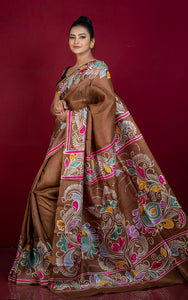 Hand Batik Soft Bishnupuri Pure Silk Saree in Chocolate Brown, Off White and Multicolored