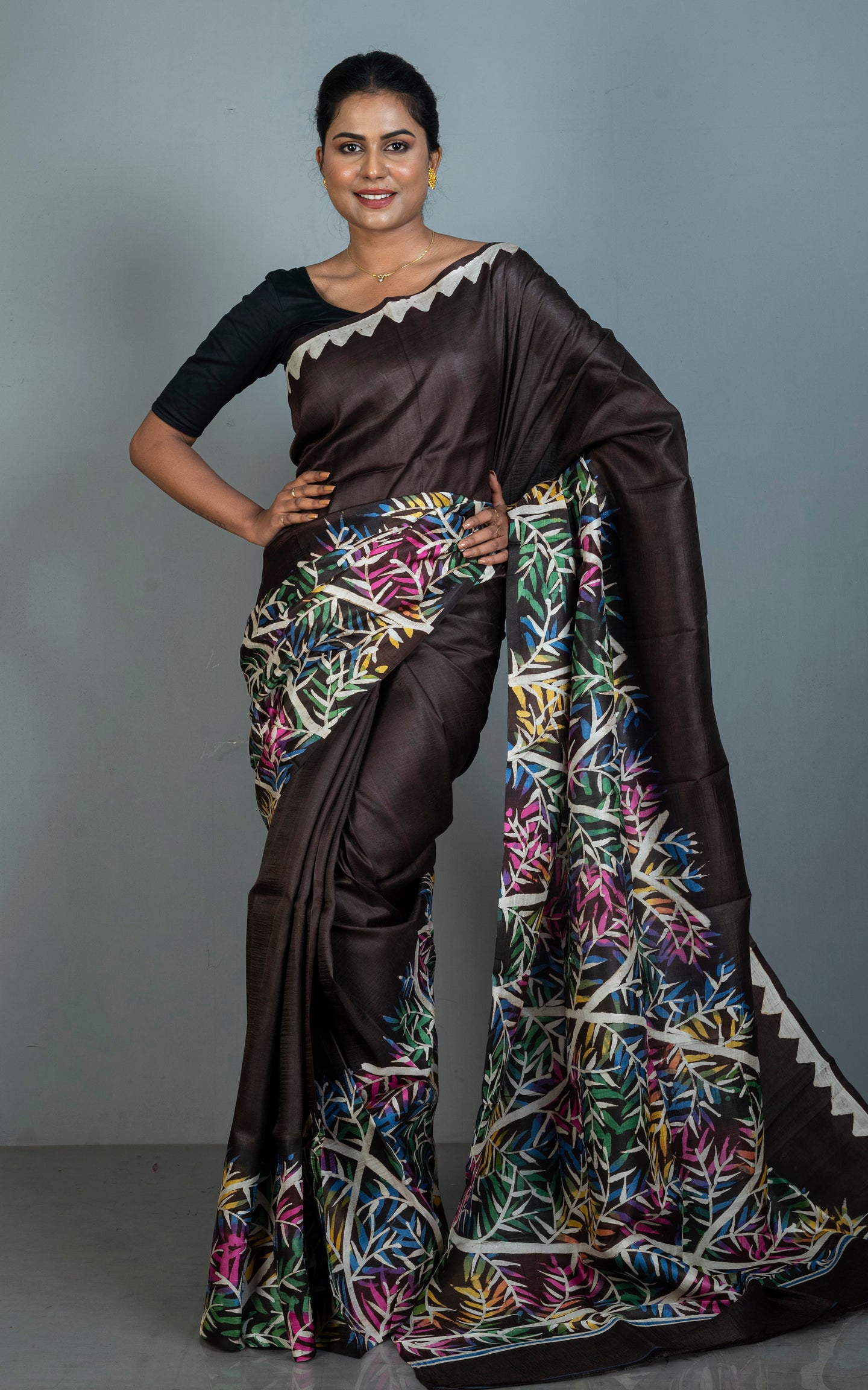 Hand Batik Soft Bishnupuri Pure Silk Saree in Dark Snuff Brown, Off White and Multicolored