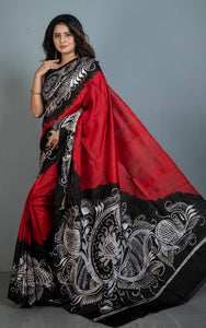 Hand Batik Soft Bishnupuri Pure Silk Saree in Red, Black, Off-white and Grey