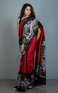 Hand Batik Soft Bishnupuri Pure Silk Saree in Red, Black, Off-white and Grey