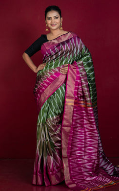 Bishnupuri 4D Double Ikkat Pure Silk Saree in Heena Green and Multicolored