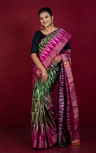 Bishnupuri 4D Double Ikkat Pure Silk Saree in Heena Green and Multicolored