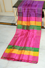 Handwoven Bishnupuri Checks Katan Silk Saree in Warm Purple, Hot Pink, Saffron Yellow and Hippie Green