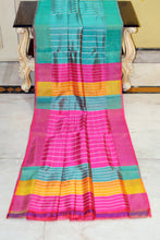 Handwoven Bishnupuri Checks Katan Silk Saree in Macaw Blue Green, Hot Pink, Golden Yellow and Off White