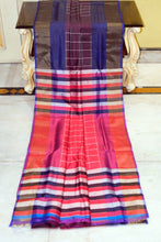 Handwoven Bishnupuri Checks Katan Silk Saree in Midnight Blue, Maroon, Off White and Red