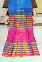 Handwoven Bishnupuri Checks Katan Silk Saree in Cerulean Blue, Mustard Golden, Hot Pink, Off White and Green