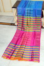 Handwoven Bishnupuri Checks Katan Silk Saree in Cerulean Blue, Mustard Golden, Hot Pink, Off White and Green
