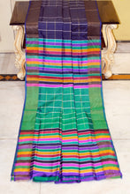 Handwoven Bishnupuri Checks Katan Silk Saree in Heather Indigo, Myrtle Green and Multicolored