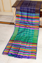 Handwoven Bishnupuri Checks Katan Silk Saree in Heather Indigo, Myrtle Green and Multicolored