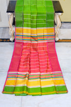 Handwoven Bishnupuri Checks Katan Silk Saree in Dark Lime Green, Tomato Red and Corn Yellow