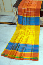 Handwoven Bishnupuri Checks Katan Silk Saree in Burning Orange, Nice Blue, Bright Yellow and Off White