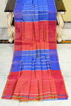 Handwoven Bishnupuri Checks Katan Silk Saree in Sapphire Blue, Bean Red and Off White