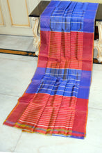 Handwoven Bishnupuri Checks Katan Silk Saree in Sapphire Blue, Bean Red and Off White