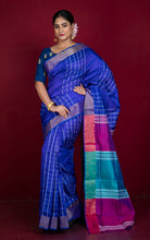 Handwoven Bishnupuri Checks Katan Silk Saree in Royal Purple, Cerise Pink, Sea Green and White