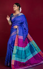 Handwoven Bishnupuri Checks Katan Silk Saree in Royal Purple, Cerise Pink, Sea Green and White