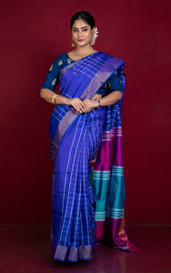 Handwoven Bishnupuri Checks Katan Silk Saree in Royal Purple, Cerise Pink, Sea Green and White