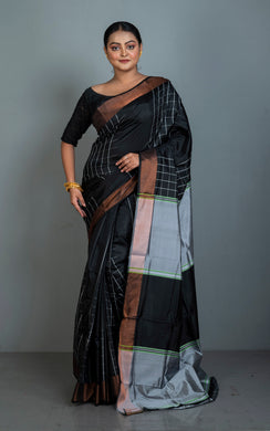 Handwoven Bishnupuri Checks Katan Silk Saree in Black, Gray, Green and White