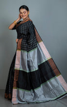 Handwoven Bishnupuri Checks Katan Silk Saree in Black, Gray, Green and White