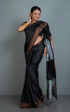 Handwoven Bishnupuri Checks Katan Silk Saree in Black, Gray, Green and White