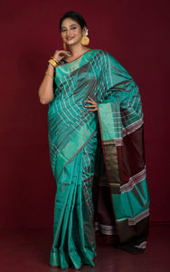 Handwoven Bishnupuri Checks Katan Silk Saree in Myrtle Green, Reddish Brown and White