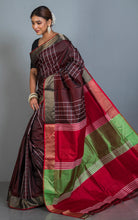 Handwoven Bishnupuri Checks Katan Silk Saree in Garnet, Red, Green and White