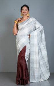 Half and Half Soft Bishnupuri Designer Katan Silk Saree in Off White, Black and Penny Brown