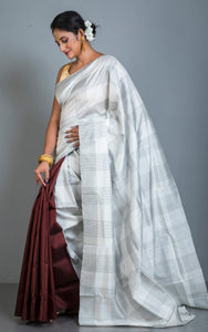 Half and Half Soft Bishnupuri Designer Katan Silk Saree in Off White, Black and Penny Brown