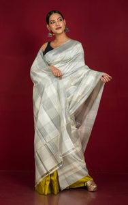 Half and Half Soft Bishnupuri Katan Silk Saree in Off White, Black and Yellow