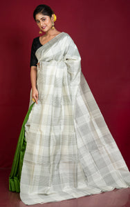 Half and Half Soft Bishnupuri Katan Silk Saree in Off White, Black and Green