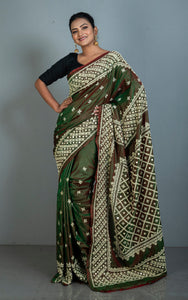 Gujarati Hand Work on Soft Bishnupuri Katan Silk Saree in Lunar Green and Off White