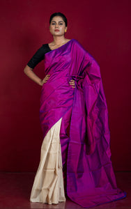 Designer Half Bishnupuri Katan Pure Silk and Half Gachi Tussar Silk Saree in Dark Magenta and Beige