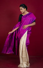 Designer Half Bishnupuri Katan Pure Silk and Half Gachi Tussar Silk Saree in Dark Magenta and Beige