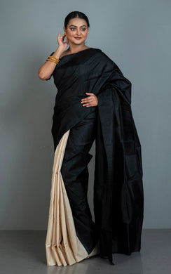 Designer Half Bishnupuri Katan Pure Silk and Half Gachi Tussar Silk in Black and Beige