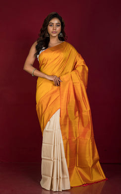 Designer Half Bishnupuri Katan Pure Silk and Half Gachi Tussar Silk In Amber Yellow and Beige