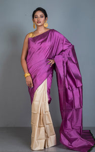 Designer Half Bishnupuri Katan Pure Silk and Half Gachi Tussar Silk in Purple and Beige