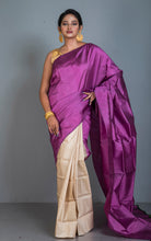 Designer Half Bishnupuri Katan Pure Silk and Half Gachi Tussar Silk in Purple and Beige