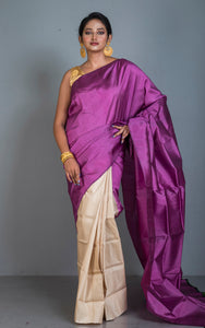 Designer Half Bishnupuri Katan Pure Silk and Half Gachi Tussar Silk in Purple and Beige