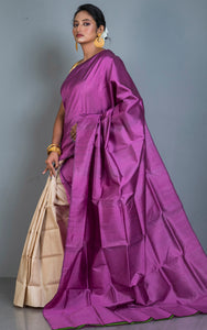 Designer Half Bishnupuri Katan Pure Silk and Half Gachi Tussar Silk in Purple and Beige