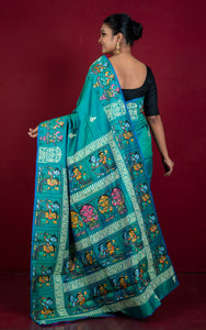 Patachitra Hand Fabric Art on Soft Bishnupuri Katan Silk Saree in Sea Green, Cobalt Bue, Off White and Multicolored