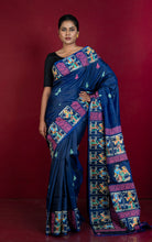 Patachitra Hand Fabric Art on Soft Bishnupuri Katan Silk Saree in Midnight Blue, Mint Green, Neon Pink and Multicolored