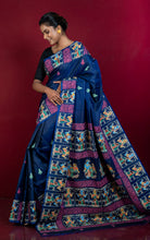 Patachitra Hand Fabric Art on Soft Bishnupuri Katan Silk Saree in Midnight Blue, Mint Green, Neon Pink and Multicolored