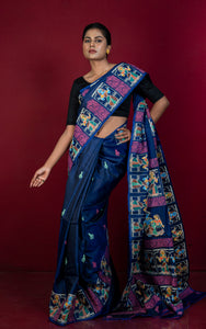 Patachitra Hand Fabric Art on Soft Bishnupuri Katan Silk Saree in Midnight Blue, Mint Green, Neon Pink and Multicolored