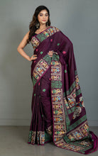 Patachitra Hand Fabric Art on Soft Bishnupuri Katan Silk Saree in Wine Berry, Off White and Multicolored